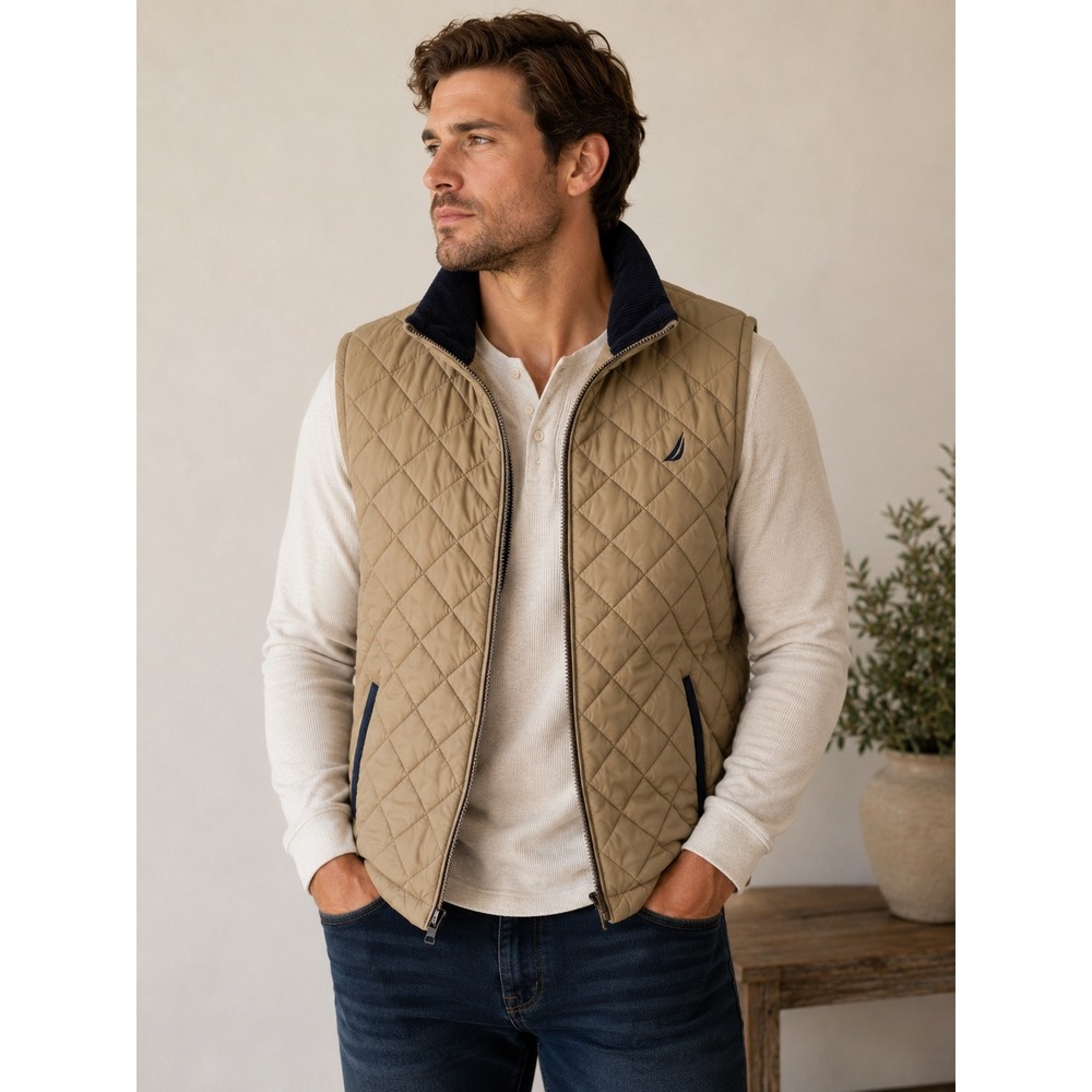 Nautica Mens Quilted Puffer Vest Khaki Tan Full Zip Nautical Print Lining Large